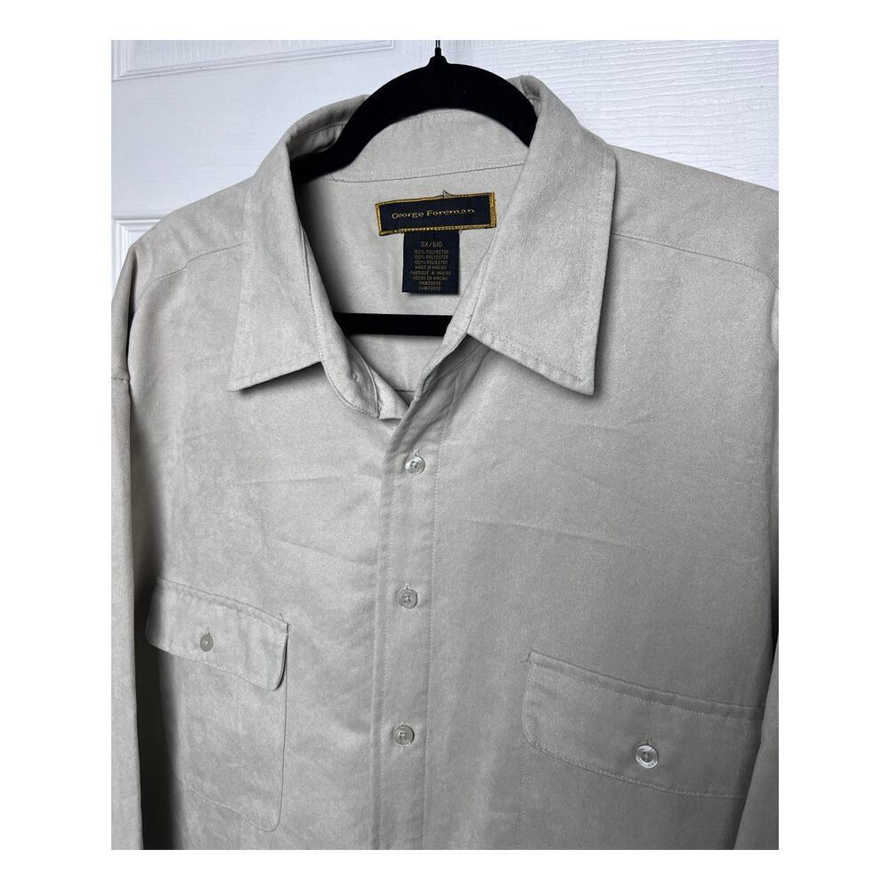 George Foreman Men's Long Sleeve Button Up Beige Suede Pocket Shirt Size 3X/Big - Picture 7 of 9